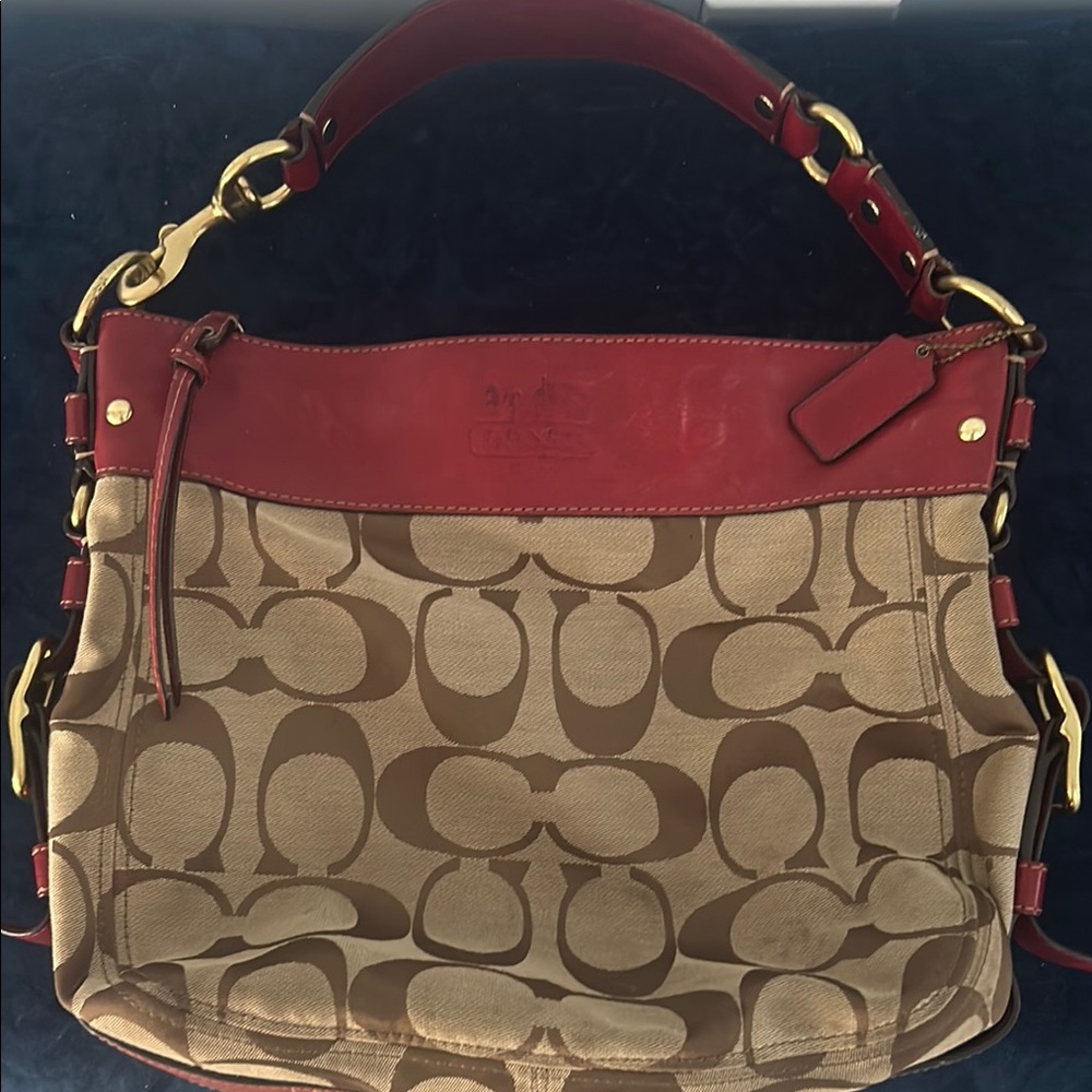 Vintage Coach Red & Brown Signature Shoulder Bag classic rich red leather/canvas